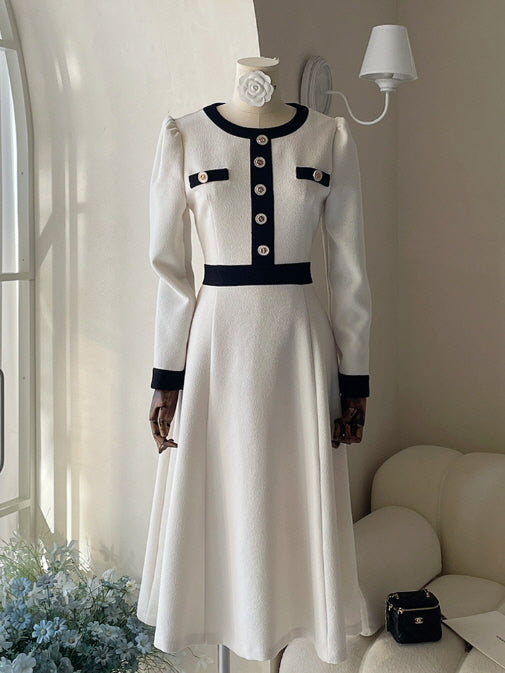 クラシック配色ボタンミディドレス(2color)