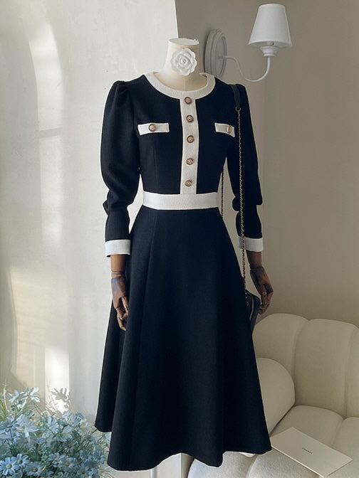 クラシック配色ボタンミディドレス(2color)