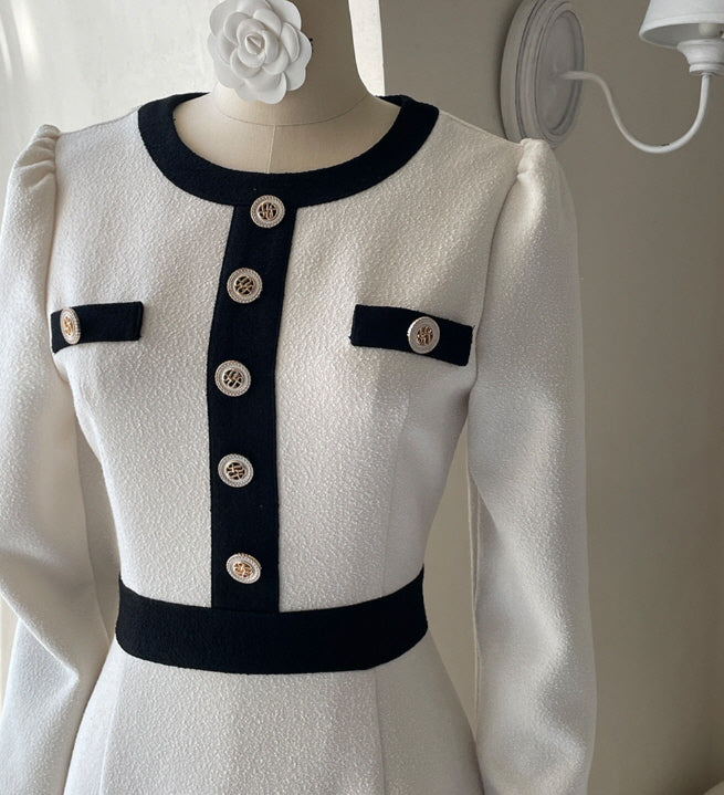 クラシック配色ボタンミディドレス(2color)