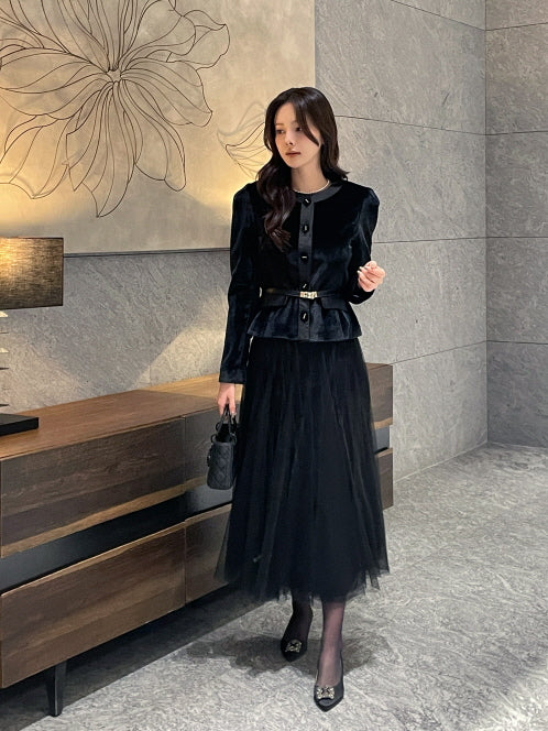 エレガント ベルベット チュールスカート(3color)