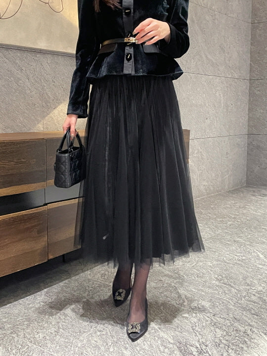 エレガント ベルベット チュールスカート(3color)