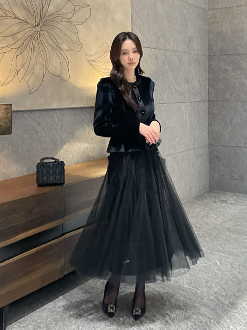 エレガント ベルベット チュールスカート(3color)