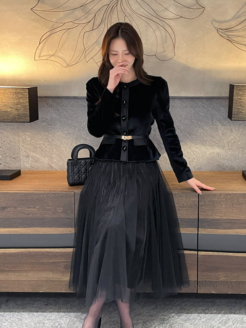 エレガント ベルベット チュールスカート(3color)