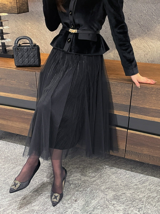 エレガント ベルベット チュールスカート(3color)