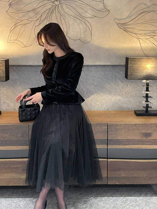 エレガント ベルベット チュールスカート(3color)