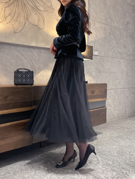 エレガント ベルベット チュールスカート(3color)