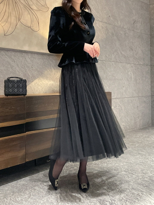エレガント ベルベット チュールスカート(3color)