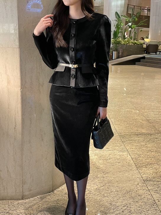 サテン配色ベルベット ペンシルスカート