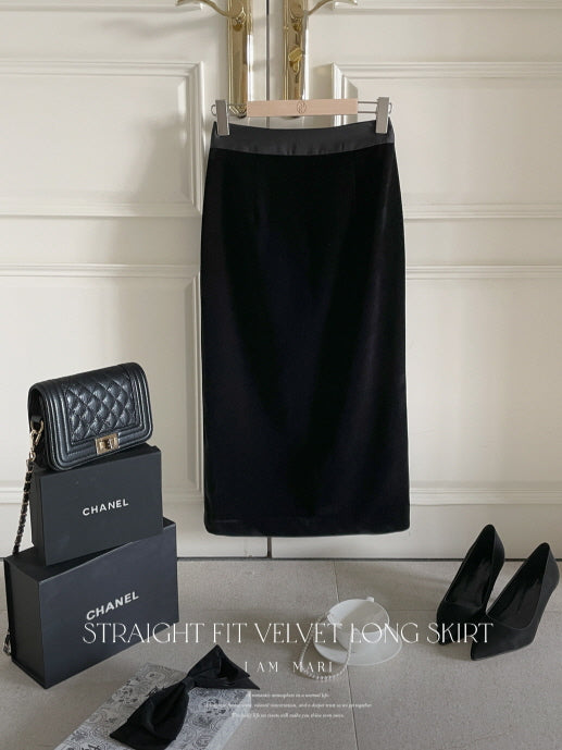 サテン配色ベルベット ペンシルスカート