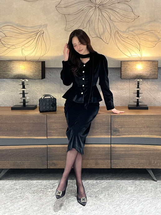 サテン配色ベルベット ペンシルスカート