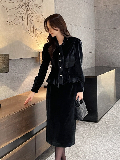 サテン配色ベルベット ペンシルスカート