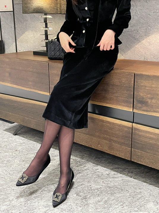 サテン配色ベルベット ペンシルスカート