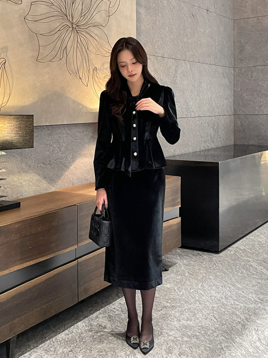 サテン配色ベルベット ペンシルスカート