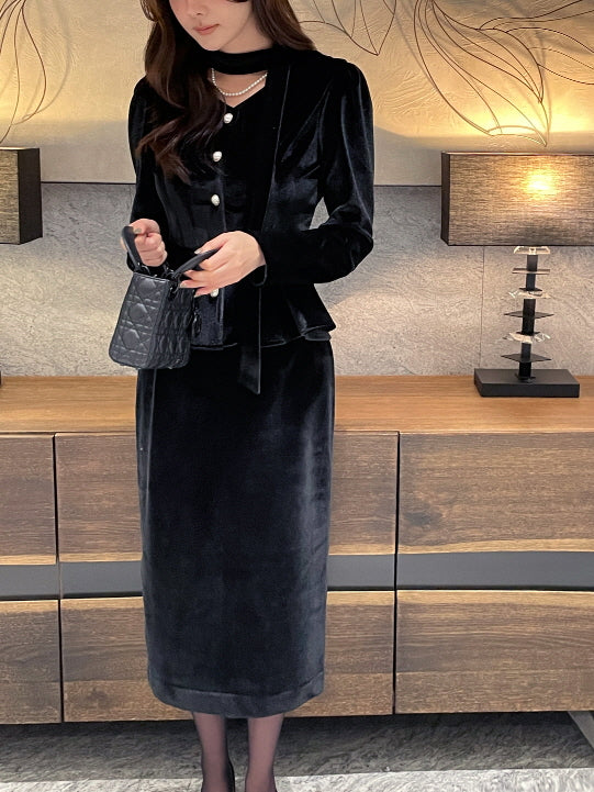 サテン配色ベルベット ペンシルスカート