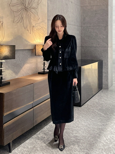 サテン配色ベルベット ペンシルスカート