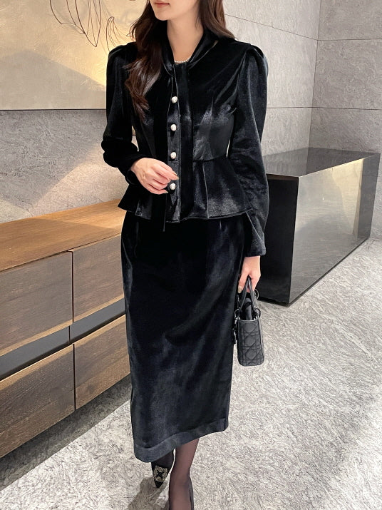 サテン配色ベルベット ペンシルスカート