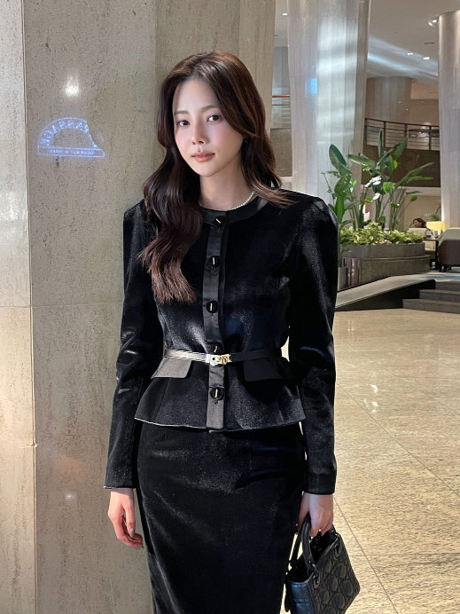 サテン配色ベルベット ペンシルスカート