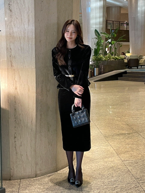 サテン配色ベルベット ペンシルスカート