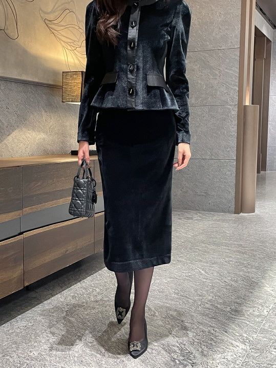 サテン配色ベルベット ペンシルスカート