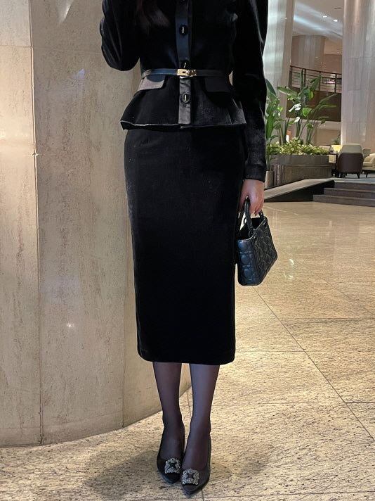 サテン配色ベルベット ペンシルスカート