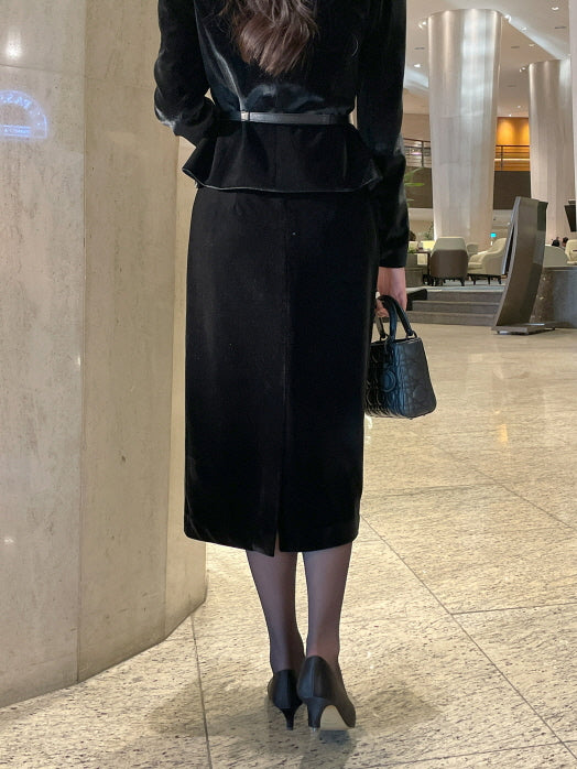 サテン配色ベルベット ペンシルスカート