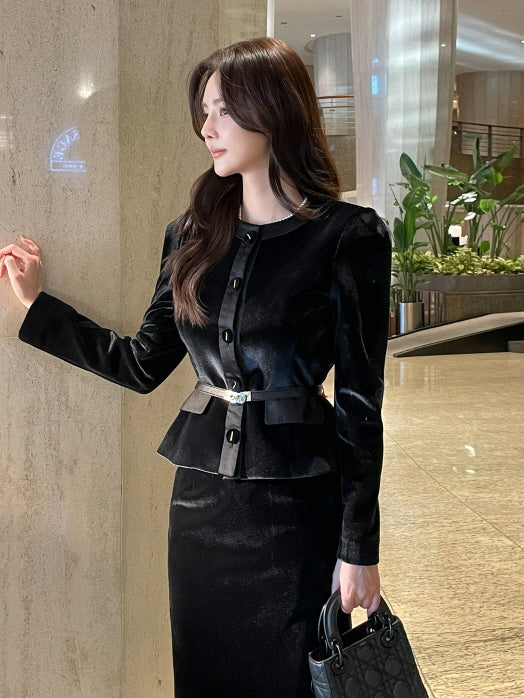 サテン配色ベルベット ペンシルスカート