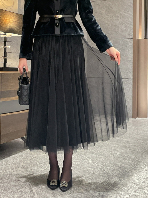 エレガント ベルベット チュールスカート(3color)