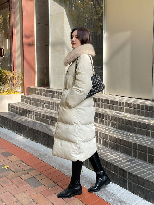 エレガントフェイクファーカラー ロングダウンコート(2color)