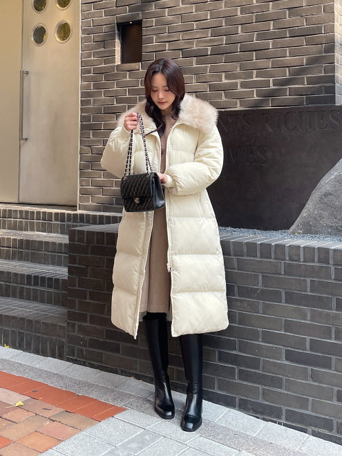 エレガントフェイクファーカラー ロングダウンコート(2color)