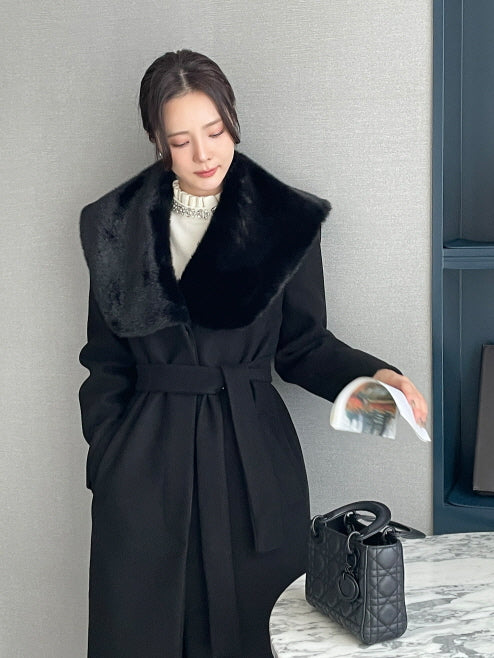 フェイクファー カラー ウール ロングコート