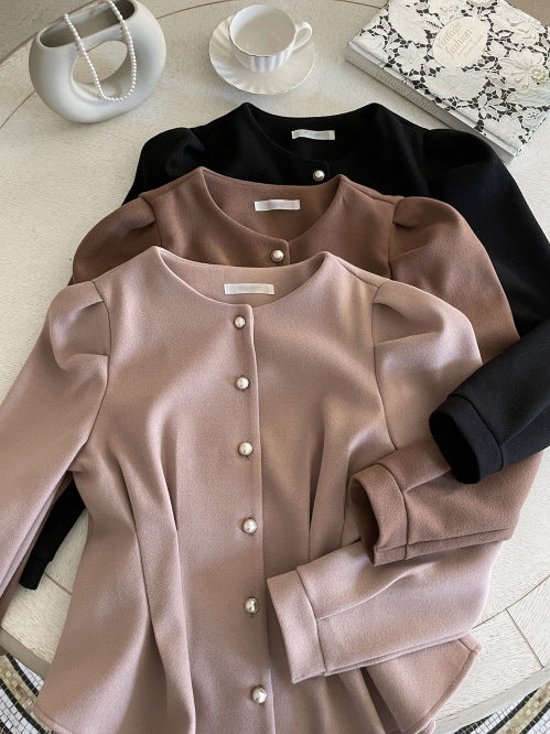 パールボタン ペプラムウールブラウス(3color)