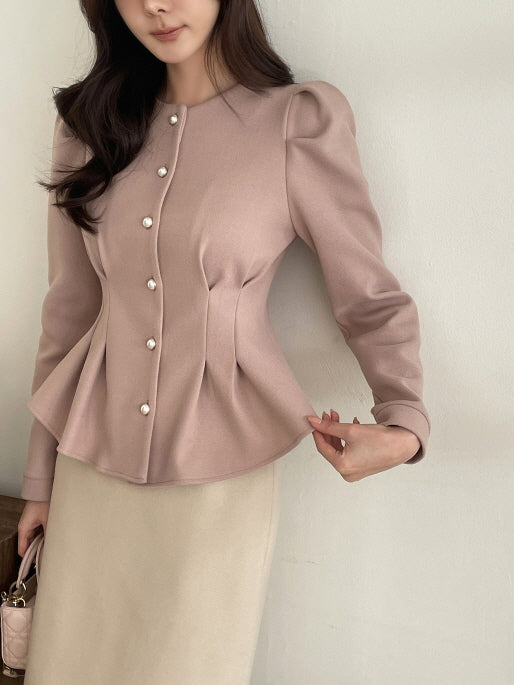 パールボタン ペプラムウールブラウス(3color)