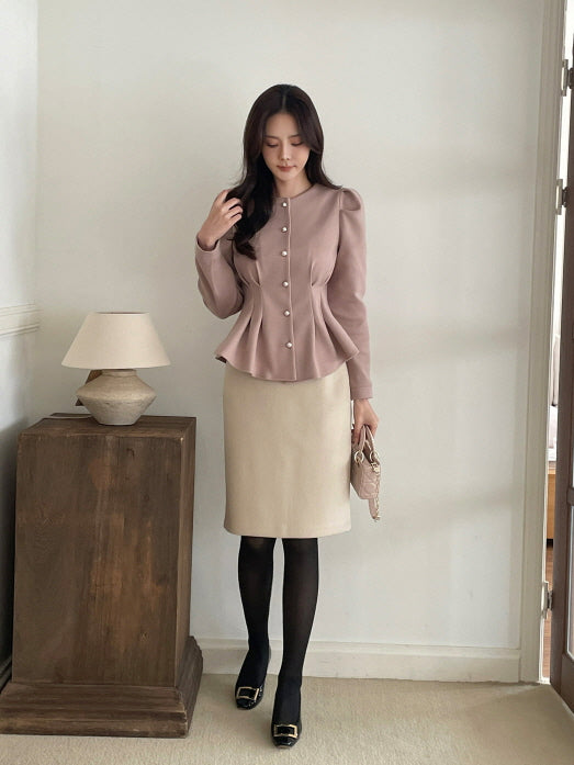 パールボタン ペプラムウールブラウス(3color)