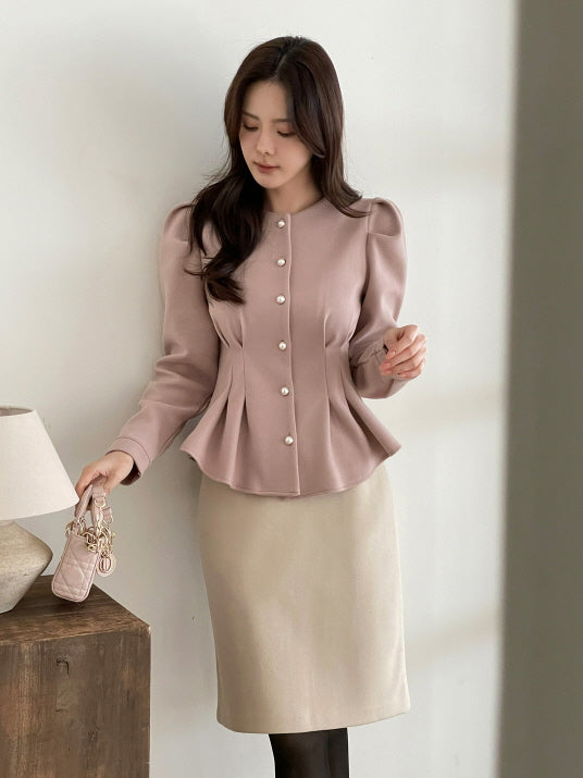 パールボタン ペプラムウールブラウス(3color)