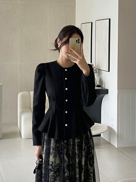 パールボタン ペプラムウールブラウス(3color)