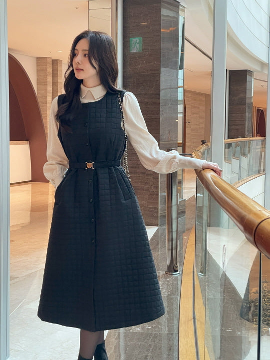 スクエアキルティング・ハートベルトワンピース(2color)