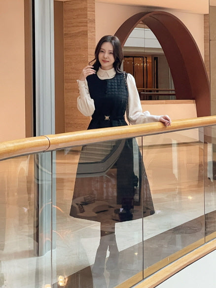 スクエアキルティング・ハートベルトワンピース(2color)