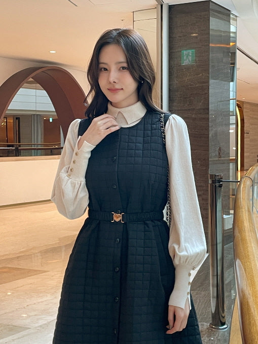 スクエアキルティング・ハートベルトワンピース(2color)