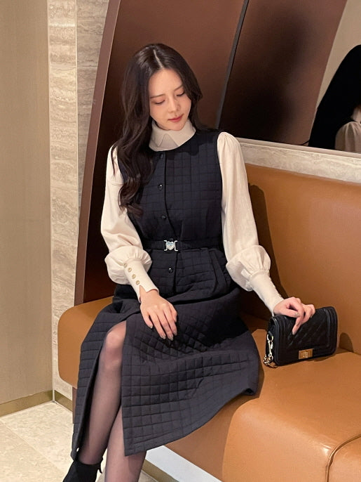 スクエアキルティング・ハートベルトワンピース(2color)