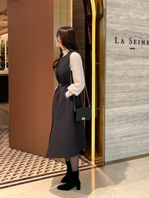 スクエアキルティング・ハートベルトワンピース(2color)