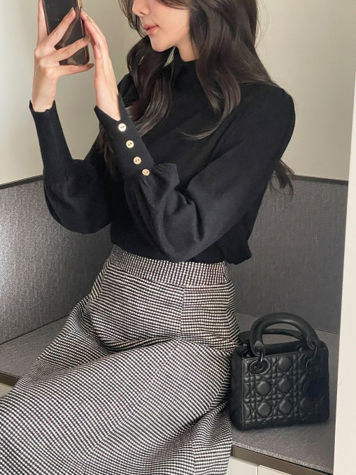 襟付きモックネック ボタンカフスニットトップス(5color)