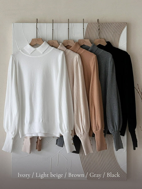 襟付きモックネック ボタンカフスニットトップス(5color)