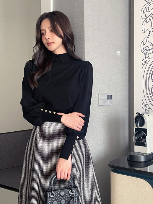 襟付きモックネック ボタンカフスニットトップス(5color)