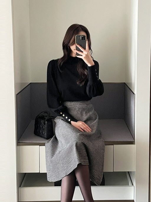 襟付きモックネック ボタンカフスニットトップス(5color)