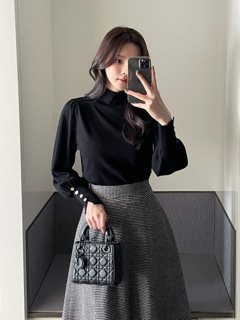 襟付きモックネック ボタンカフスニットトップス(5color)