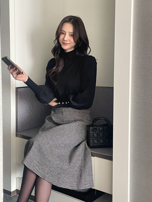 襟付きモックネック ボタンカフスニットトップス(5color)