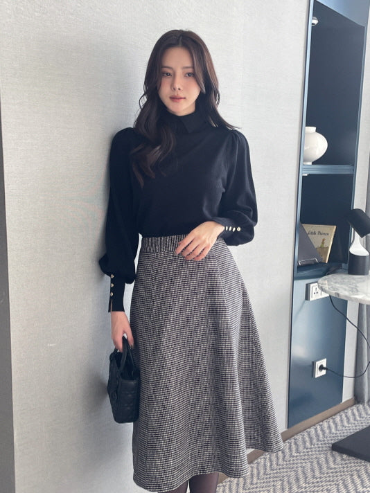 襟付きモックネック ボタンカフスニットトップス(5color)