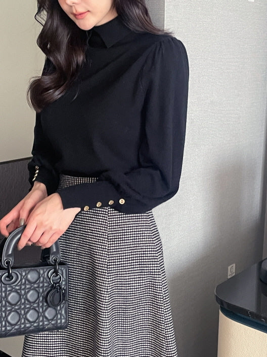 襟付きモックネック ボタンカフスニットトップス(5color)