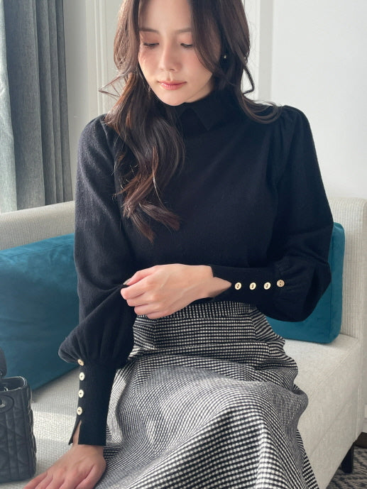 襟付きモックネック ボタンカフスニットトップス(5color)