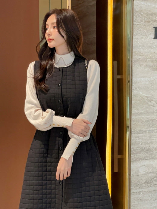 襟付きモックネック ボタンカフスニットトップス(5color)